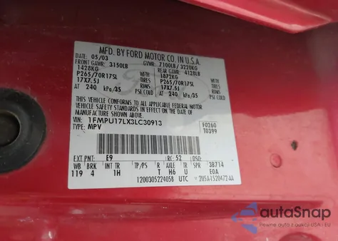 2003 Ford Expedition Eddie Bauer from USA, damaged, VIN 1FMPU17LX3LC30913